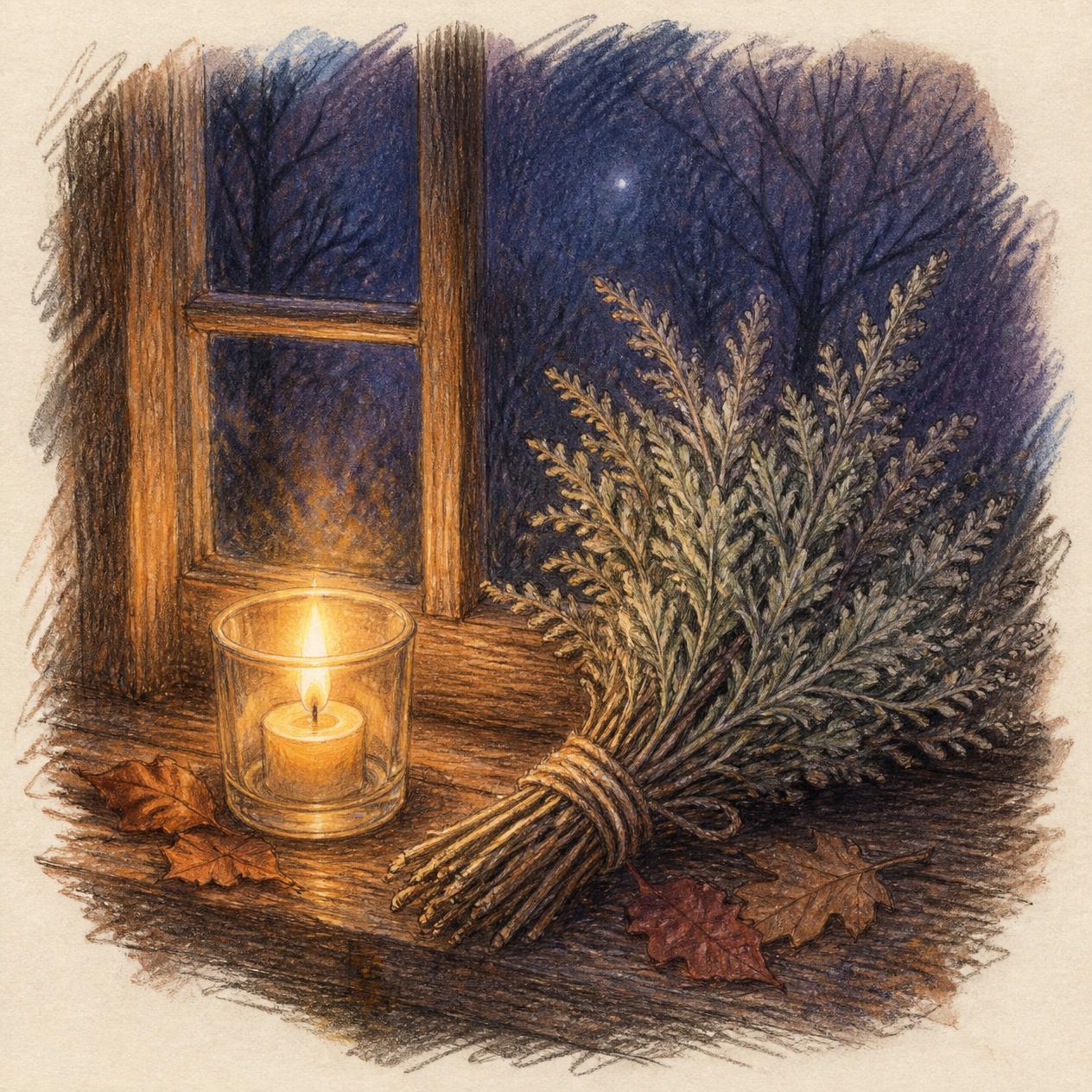 Handgezeichnete Illustration: Eine brennende Kerze im Fenster neben einem Bündel Beifuß in einer Samhain-Nacht