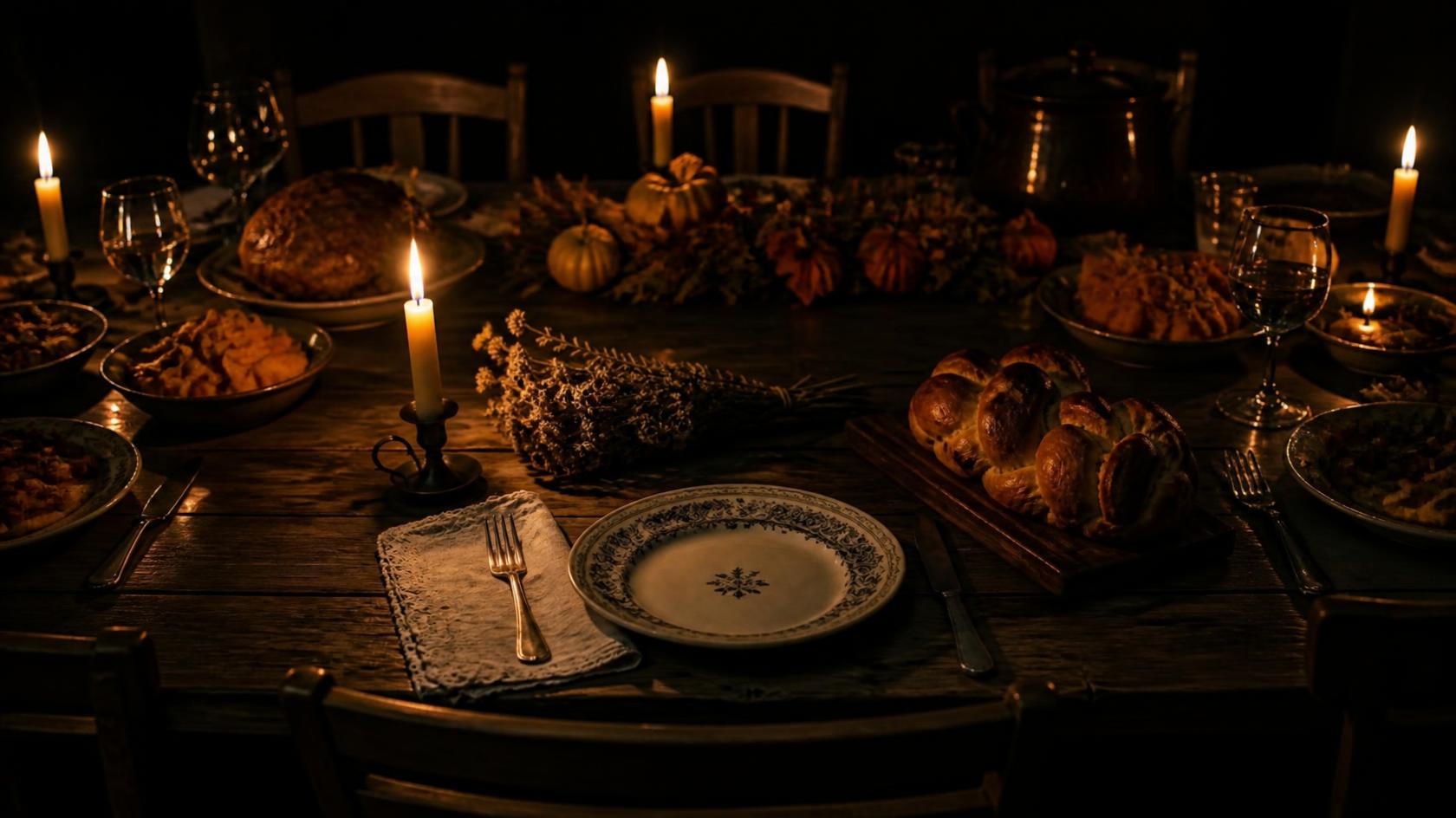 Dunkler Holztisch im Kerzenlicht, gedeckt für ein Abendessen, mit
Totenbrot, Kerzen und Beifuß, ein Platz bleibt für die Ahnen frei.