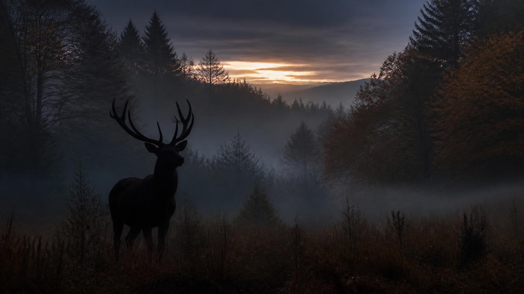 Silhouette eines Hirschs mit Geweih vor einem nebligen Herbstwald in der Dämmerung, am Horizont ein schwacher goldener Schimmer.