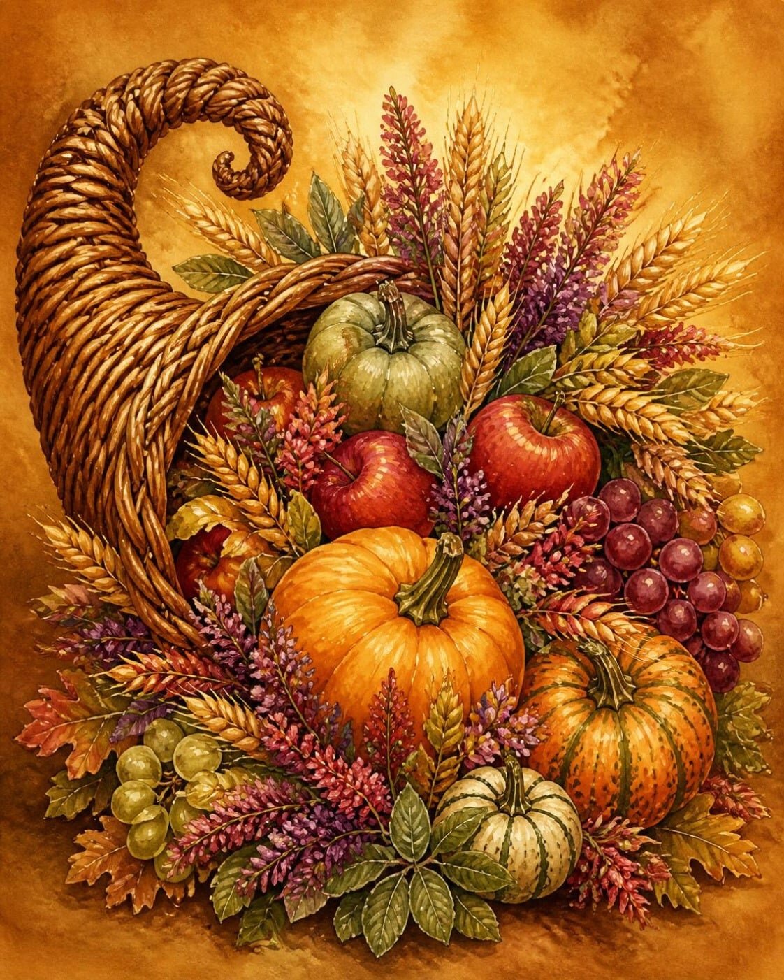 Aquarell-Illustration eines prall gefüllten Füllhorns aus geflochtenem Korbgeflecht, aus dem eine üppige herbstliche Ernte quillt: Kürbisse in Grün- und Orangetönen, rote Äpfel, goldene Weizenähren, dunkle Trauben und blühende Besenheide in Rosé- und Lilatönen, alles zu einer dichten Komposition verwoben, vor warmem goldbraunem Hintergrund.