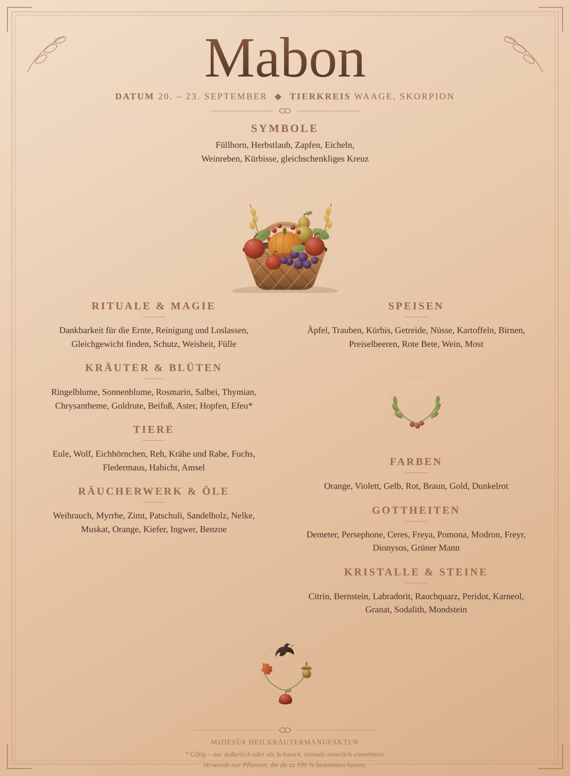 Mabon-Poster mit Symbolen, Kräutern, Farben und Bräuchen zum Ausdrucken