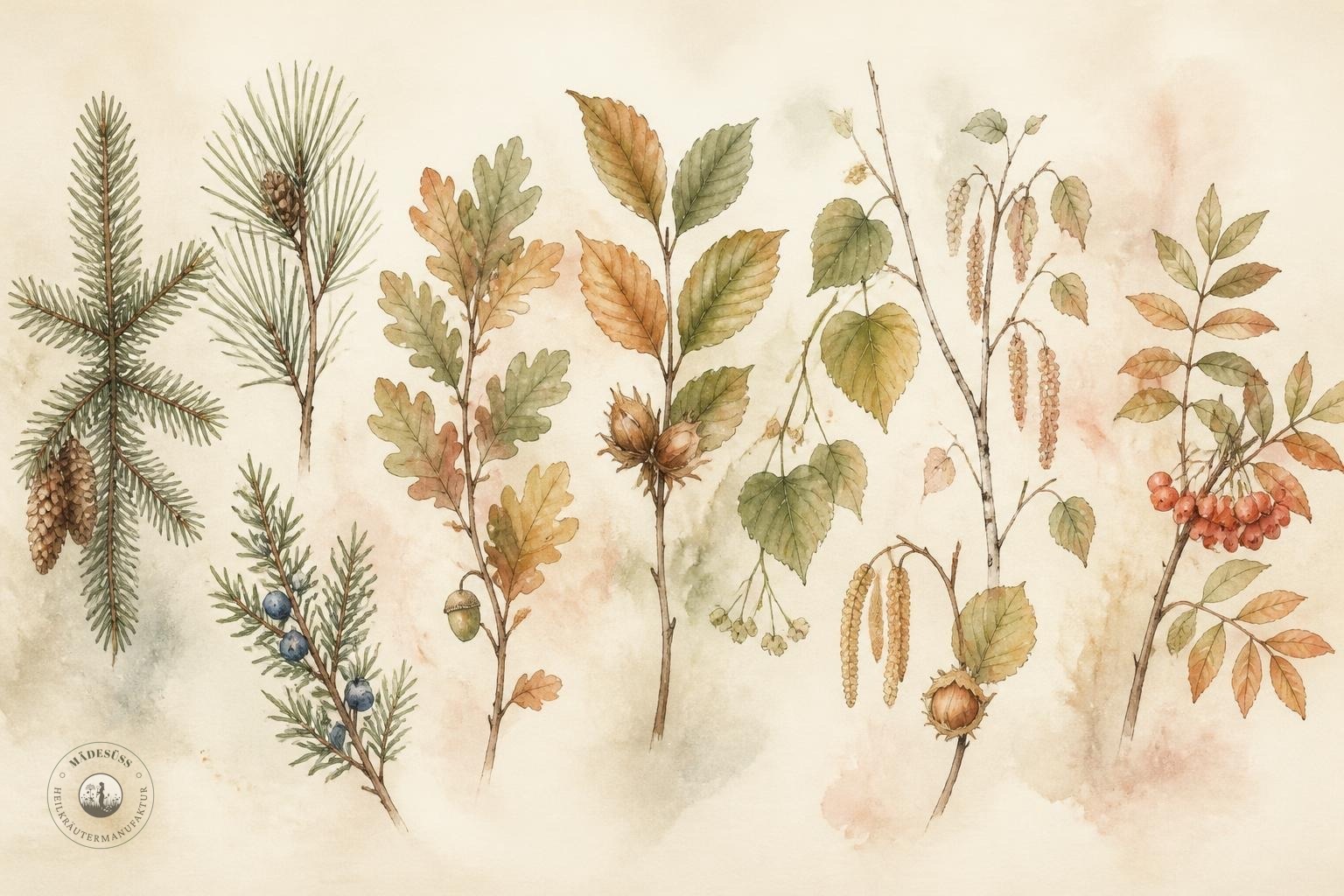 Aquarell mit neun Zweigen für das Neunerlei Holz, darunter Fichte, Waldkiefer,
Wacholder, Eiche, Buche, Linde, Birke, Hasel und Eberesche