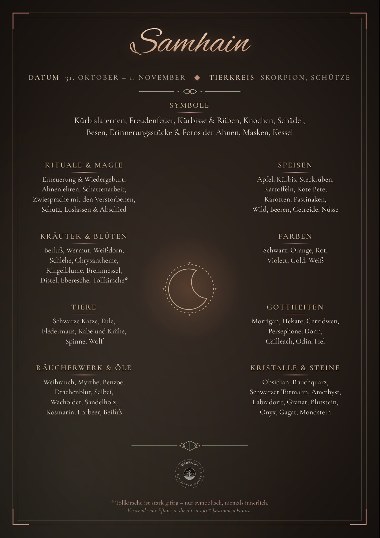 Samhain-Poster mit Symbolen, Kräutern, Farben und Bräuchen zum Ausdrucken