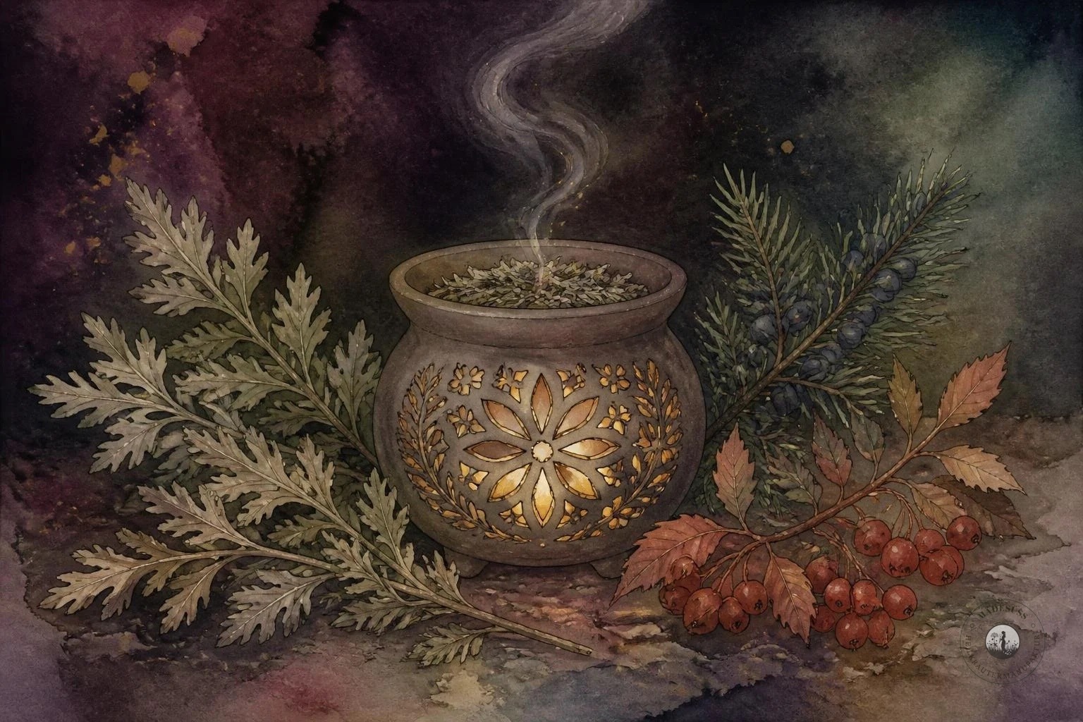 Aquarell eines Räucherstövchens, aus dem Rauch aufsteigt, umgeben von Beifuß,
Wacholder und Eberesche